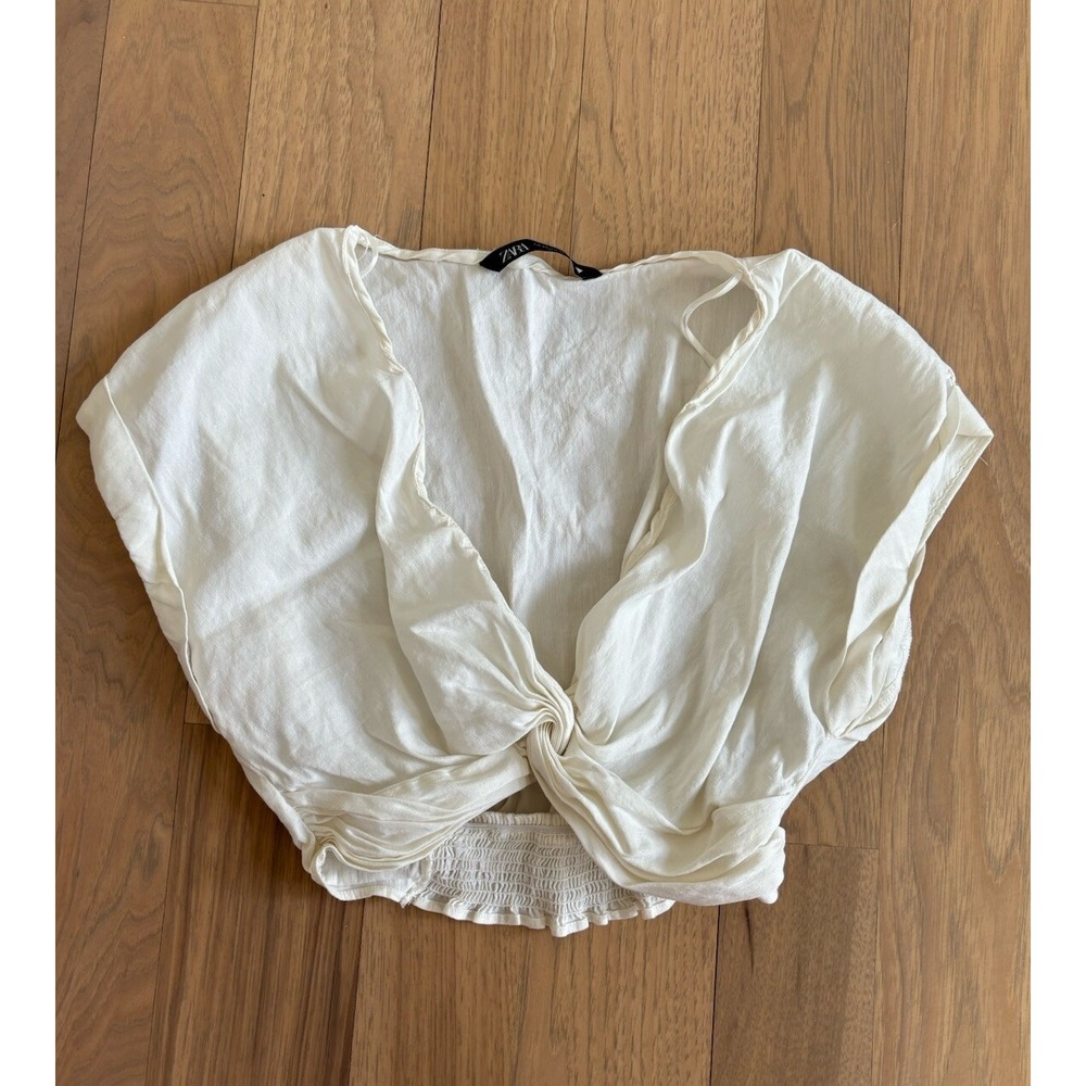ZARA Size XS White Twist Front Puff Sleeve Top Crop Blouse Cottage Core